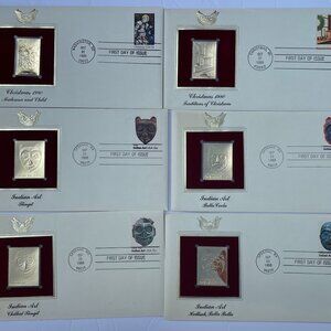 22kt Golden Replica Stamps 6 Piece Set Indian Art & Christmas 1980
